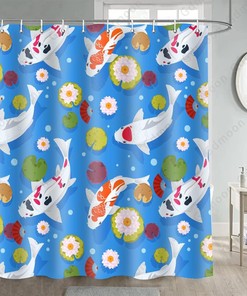Japanese Koi Fish Shower Curtain, Blue Backdrop Water Pond Funny Bathroom Decor