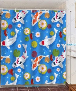 Japanese Koi Fish Shower Curtain, Blue Backdrop Water Pond Funny Bathroom Decor