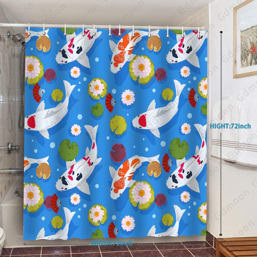 Japanese Koi Fish Shower Curtain, Blue Backdrop Water Pond Funny Bathroom Decor