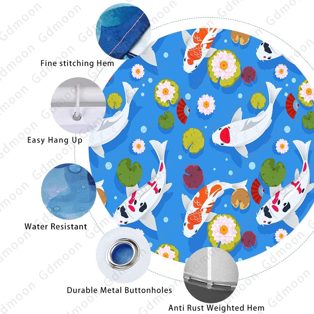 Japanese Koi Fish Shower Curtain, Blue Backdrop Water Pond Funny Bathroom Decor