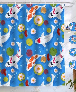 Japanese Koi Fish Shower Curtain, Blue Backdrop Water Pond Funny Bathroom Decor