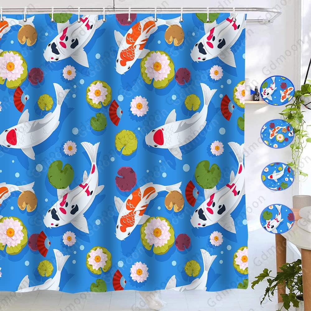 Japanese Koi Fish Shower Curtain, Blue Backdrop Water Pond Funny Bathroom Decor