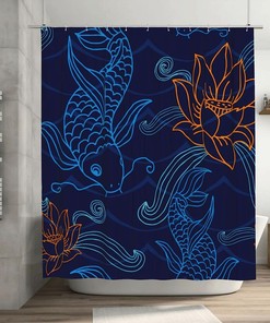Japanese Koi Fish Shower Curtain with Lotus & Waves, Asian Traditional Art Bathtub Decorative Fabric Waterproof Curtain
