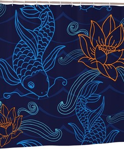 Japanese Koi Fish Shower Curtain with Lotus & Waves, Asian Traditional Art Bathtub Decorative Fabric Waterproof Curtain
