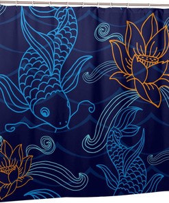 Japanese Koi Fish Shower Curtain with Lotus & Waves, Asian Traditional Art Bathtub Decorative Fabric Waterproof Curtain