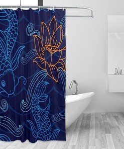 Japanese Koi Fish Shower Curtain with Lotus & Waves, Asian Traditional Art Bathtub Decorative Fabric Waterproof Curtain