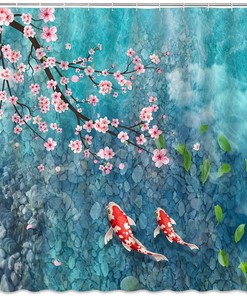 Japanese Koi Fish and Cherry Blossom Shower Curtain with Asian Nature Elements for Bathroom Decor 