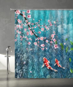 Japanese Koi Fish and Cherry Blossom Shower Curtain with Asian Nature Elements for Bathroom Decor