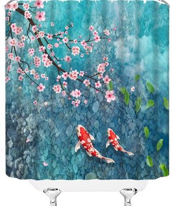 Japanese Koi Fish and Cherry Blossom Shower Curtain with Asian Nature Elements for Bathroom Decor 