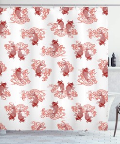 Japanese Lake Koi Fish Shower Curtain | Underwater Art Picture Print | Cloth Fabric Bathroom Decor (Orange White)