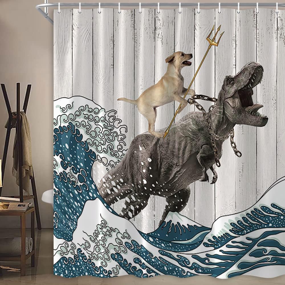 Japanese Ocean Wave Dinosaur Rustic Barn Door Cute Animal Shower Curtain