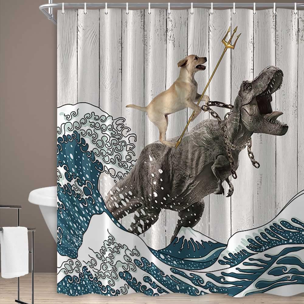Japanese Ocean Wave Dinosaur Rustic Barn Door Cute Animal Shower Curtain - Image 2