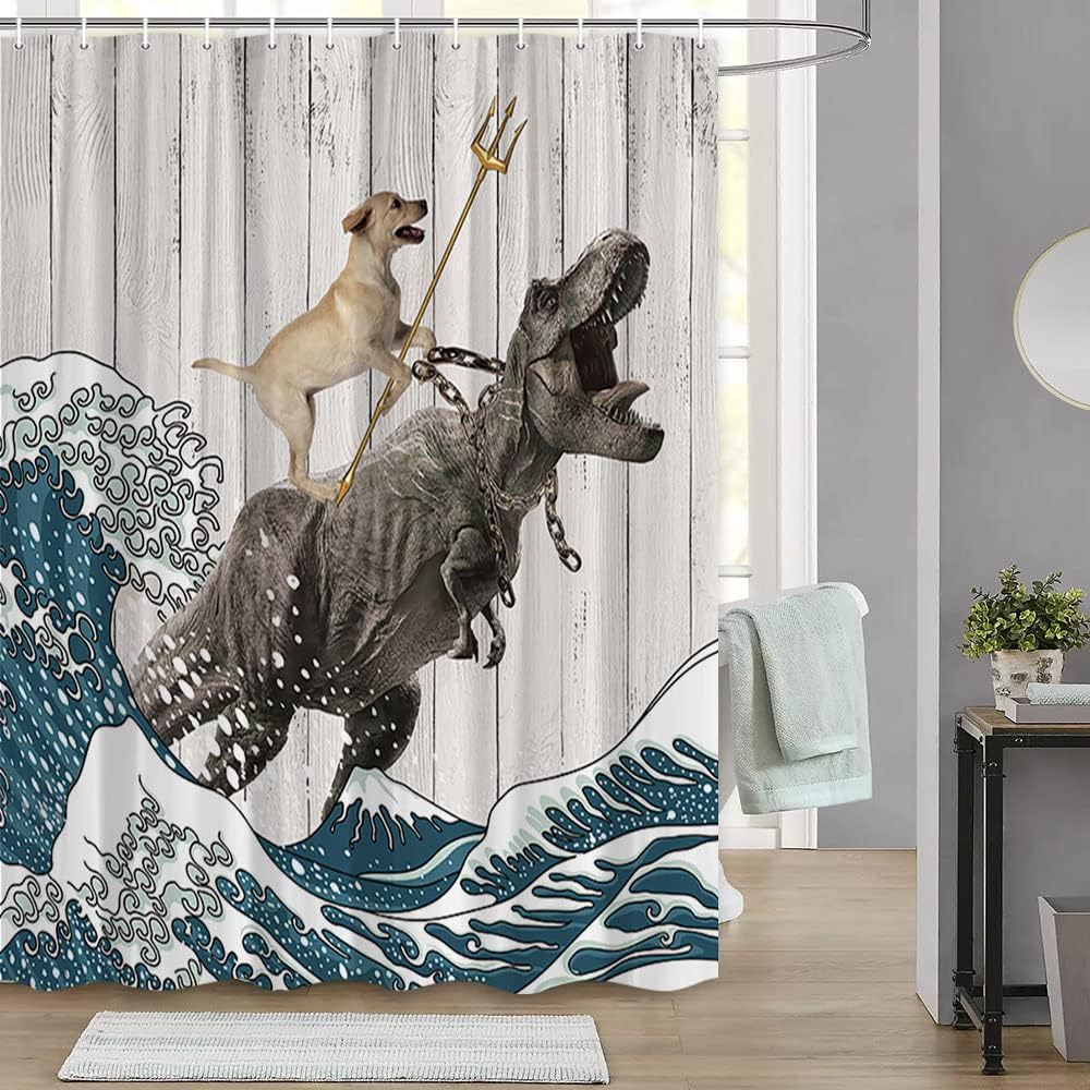 Japanese Ocean Wave Dinosaur Rustic Barn Door Cute Animal Shower Curtain - Image 3