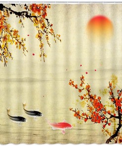 Japanese Red Plum Blossom Bloom Trees Branch Koi Fish Shower Curtain