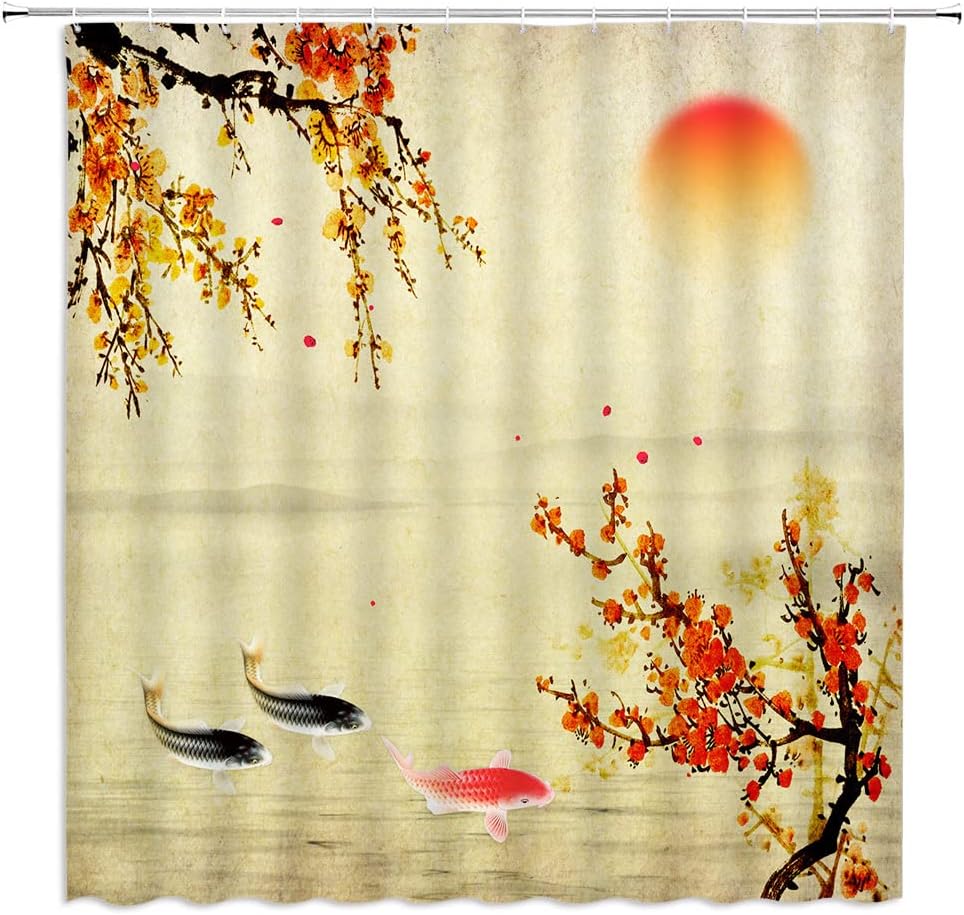Japanese Red Plum Blossom Bloom Trees Branch Koi Fish Shower Curtain