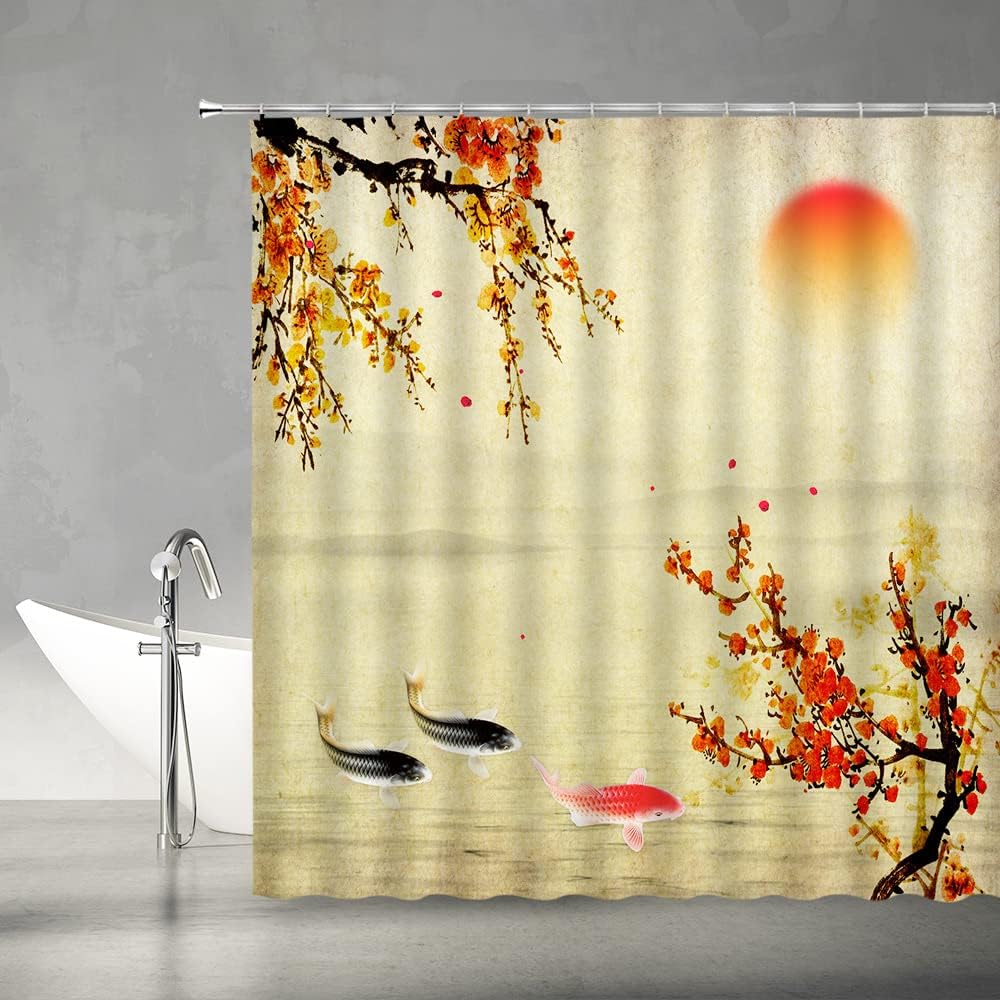 Japanese Red Plum Blossom Bloom Trees Branch Koi Fish Shower Curtain - Image 2