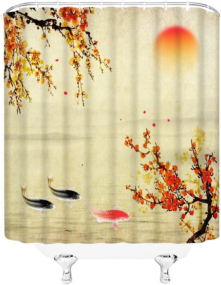Japanese Red Plum Blossom Bloom Trees Branch Koi Fish Shower Curtain - Image 3