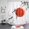 Japanese Red Sun And Grey Bamboo Leaf Bird Shower Curtain For Oriental Bathroom Decor