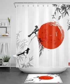 Japanese Red Sun And Grey Bamboo Leaf Bird Shower Curtain For Oriental Bathroom Decor