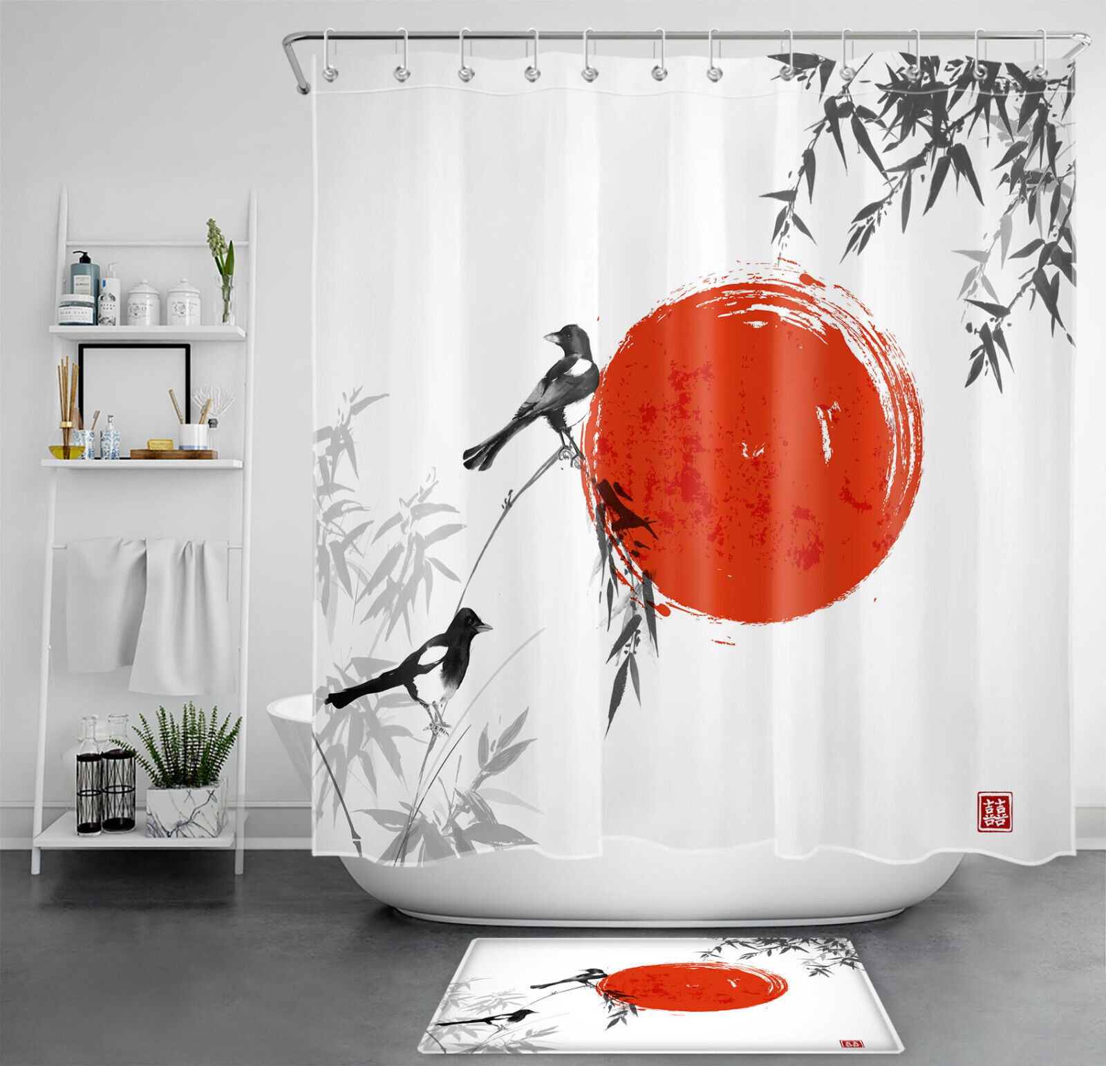 Japanese Red Sun And Grey Bamboo Leaf Bird Shower Curtain For Oriental Bathroom Decor