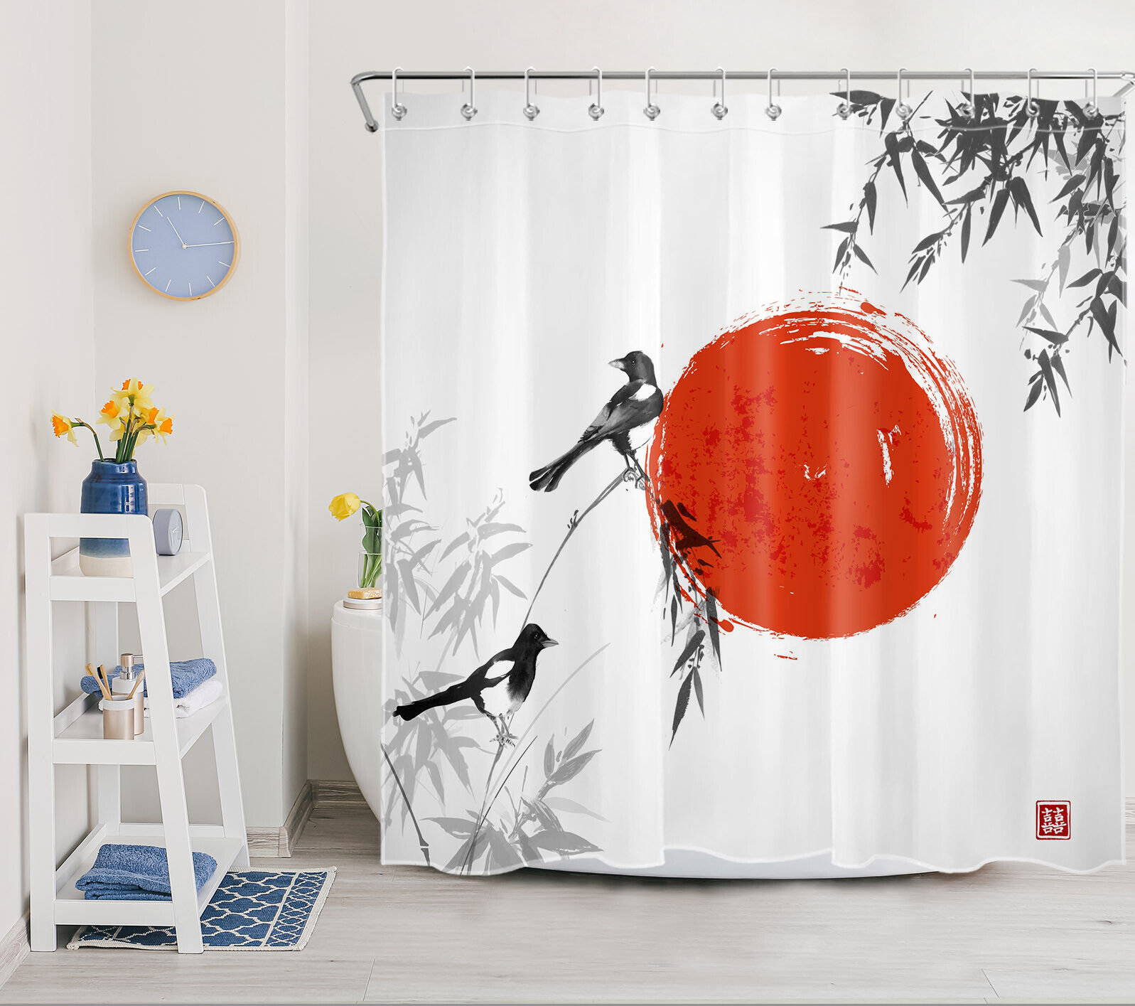 Japanese Red Sun And Grey Bamboo Leaf Bird Shower Curtain For Oriental Bathroom Decor - Image 2