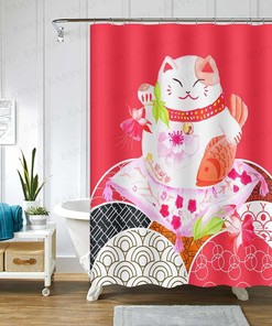 Japanese Rich Cat Bamboo Leaves Red Koi Fish Lucky Cat Shower Curtain for Artistic Bathroom Design