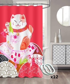 Japanese Rich Cat Bamboo Leaves Red Koi Fish Lucky Cat Shower Curtain for Artistic Bathroom Design