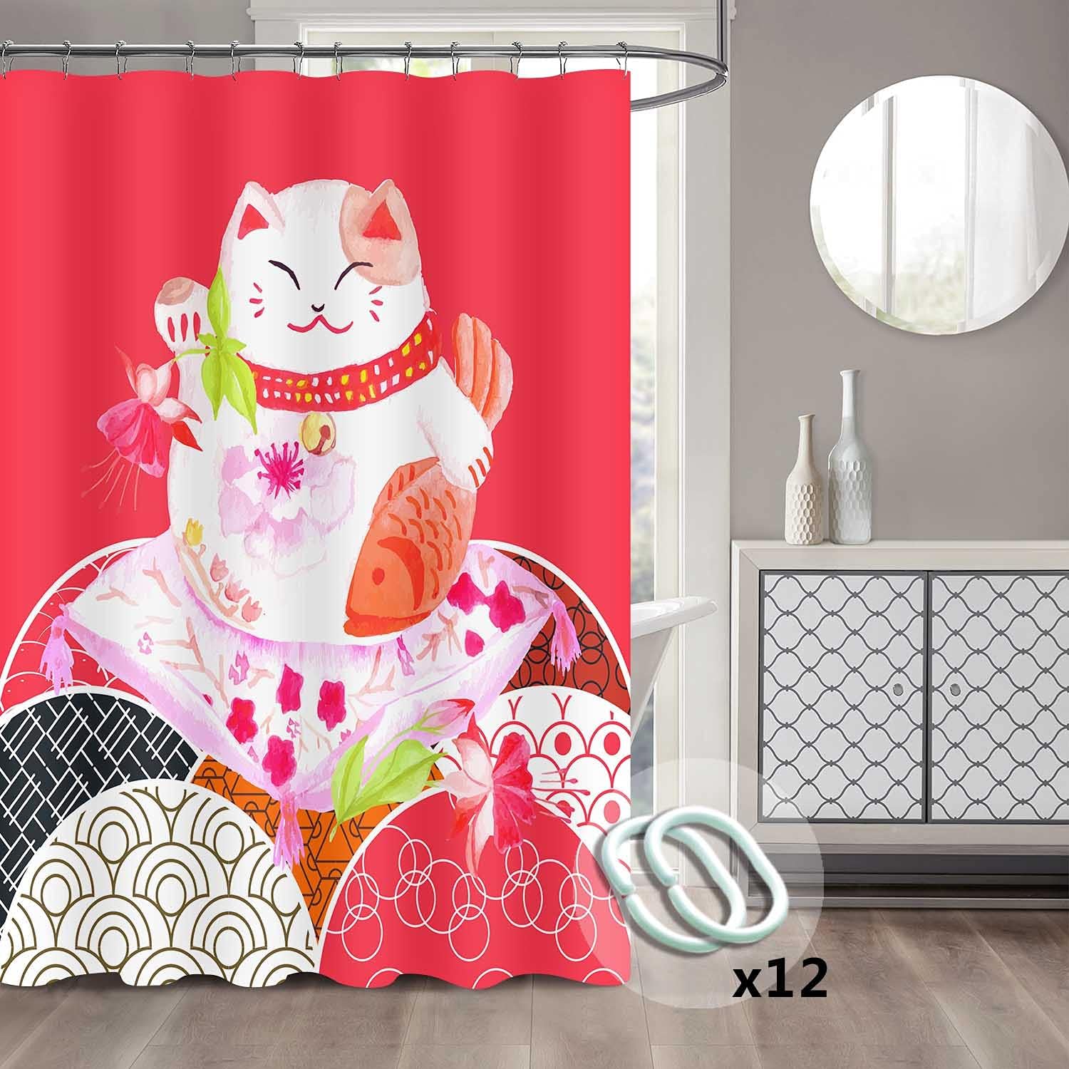 Japanese Rich Cat Bamboo Leaves Red Koi Fish Lucky Cat Shower Curtain for Artistic Bathroom Design