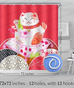 Japanese Rich Cat Bamboo Leaves Red Koi Fish Lucky Cat Shower Curtain for Artistic Bathroom Design