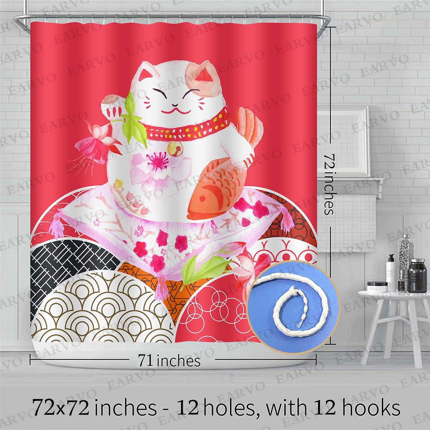 Japanese Rich Cat Bamboo Leaves Red Koi Fish Lucky Cat Shower Curtain for Artistic Bathroom Design