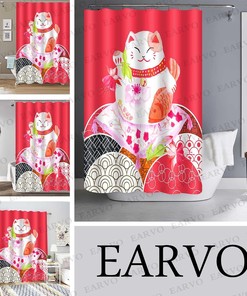 Japanese Rich Cat Bamboo Leaves Red Koi Fish Lucky Cat Shower Curtain for Artistic Bathroom Design