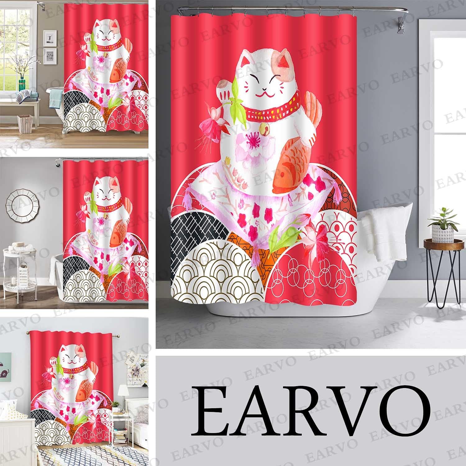Japanese Rich Cat Bamboo Leaves Red Koi Fish Lucky Cat Shower Curtain for Artistic Bathroom Design