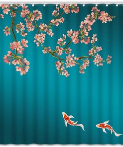 Japanese Sakura Plum Blossom Koi Fish Asian Style Cherry Blossom Shower Curtain for Spring Flowers Bathroom Decor 