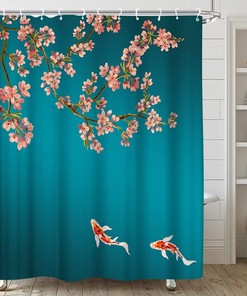 Japanese Sakura Plum Blossom Koi Fish Asian Style Cherry Blossom Shower Curtain for Spring Flowers Bathroom Decor