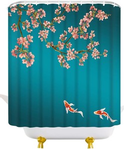 Japanese Sakura Plum Blossom Koi Fish Asian Style Cherry Blossom Shower Curtain for Spring Flowers Bathroom Decor 