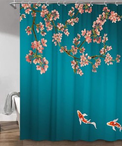 Japanese Sakura Plum Blossom Koi Fish Asian Style Cherry Blossom Shower Curtain for Spring Flowers Bathroom Decor 