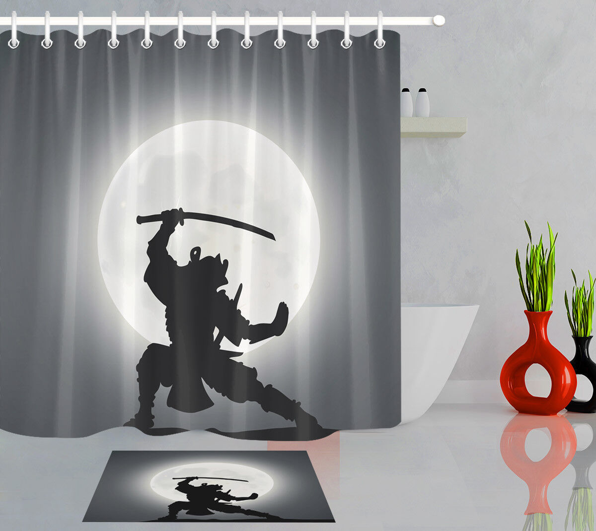 Japanese Samurai Moon Theme Waterproof Fabric Shower Curtain For Bathroom