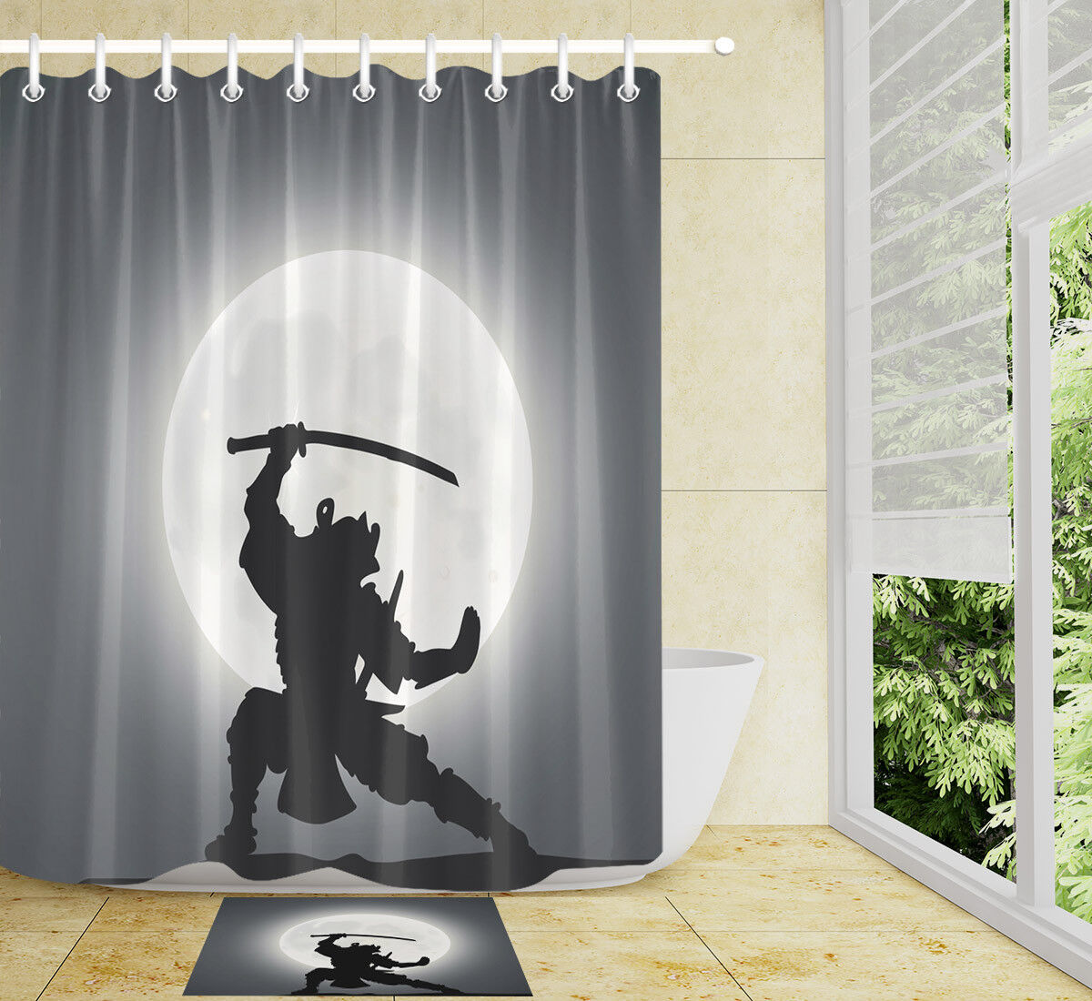 Japanese Samurai Moon Theme Waterproof Fabric Shower Curtain For Bathroom - Image 2