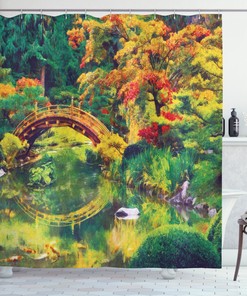 Japanese Shower Curtain Garden Print of Old Bridge for Bathroom - Unbranded