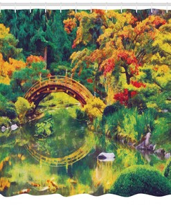 Japanese Shower Curtain Garden Print of Old Bridge for Bathroom - Unbranded