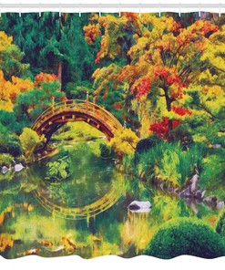 Japanese Shower Curtain Garden Print of Old Bridge for Bathroom - Unbranded