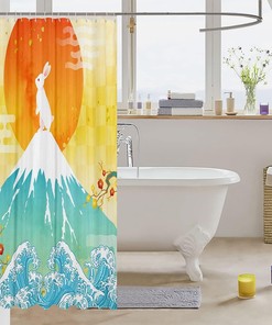 Japanese Style Cute Rabbit Sun Print Shower Curtain for Kids Boys Girls Room Decor