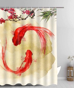 Japanese Style Koi Fish Shower Curtain, Underwater Theme Flowers Art For Nature Lovers' Bathroom 