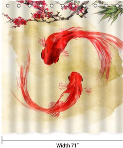 Japanese Style Koi Fish Shower Curtain, Underwater Theme Flowers Art For Nature Lovers' Bathroom
