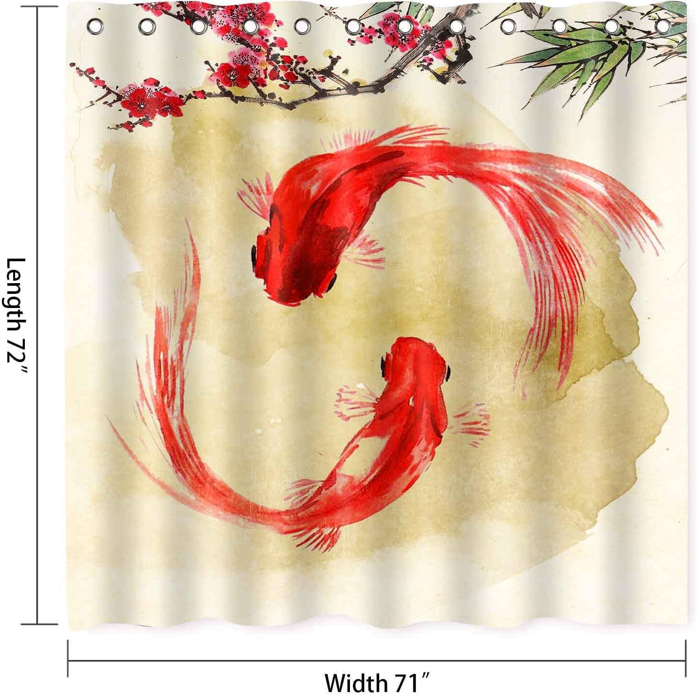 Japanese Style Koi Fish Shower Curtain, Underwater Theme Flowers Art For Nature Lovers' Bathroom