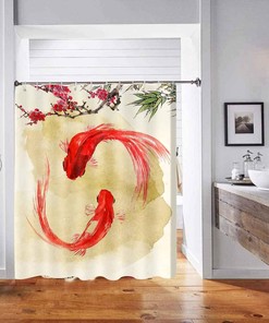 Japanese Style Koi Fish Shower Curtain, Underwater Theme Flowers Art For Nature Lovers' Bathroom
