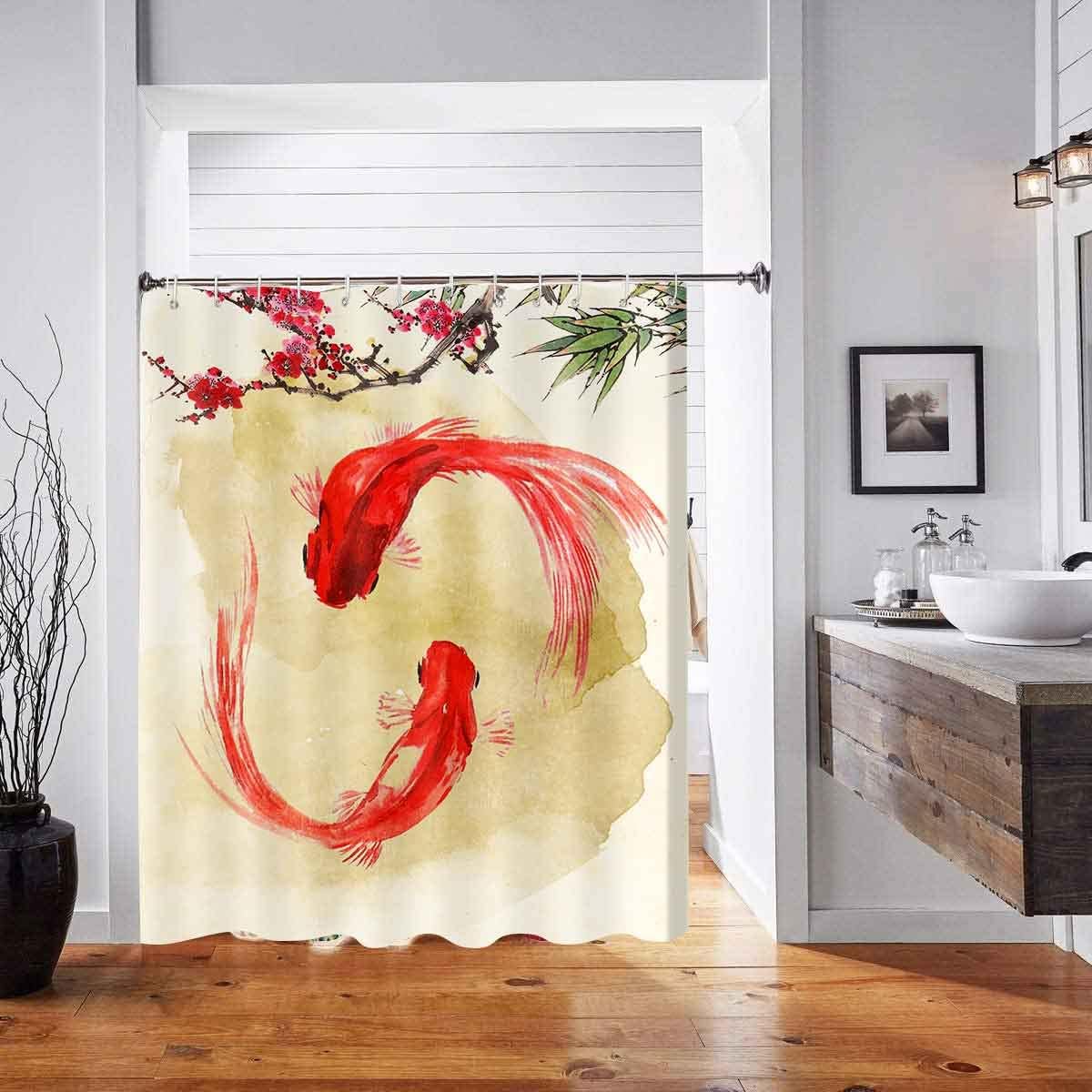 Japanese Style Koi Fish Shower Curtain, Underwater Theme Flowers Art For Nature Lovers' Bathroom