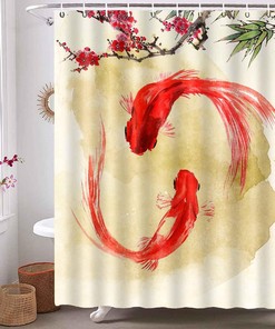 Japanese Style Koi Fish Shower Curtain, Underwater Theme Flowers Art For Nature Lovers' Bathroom