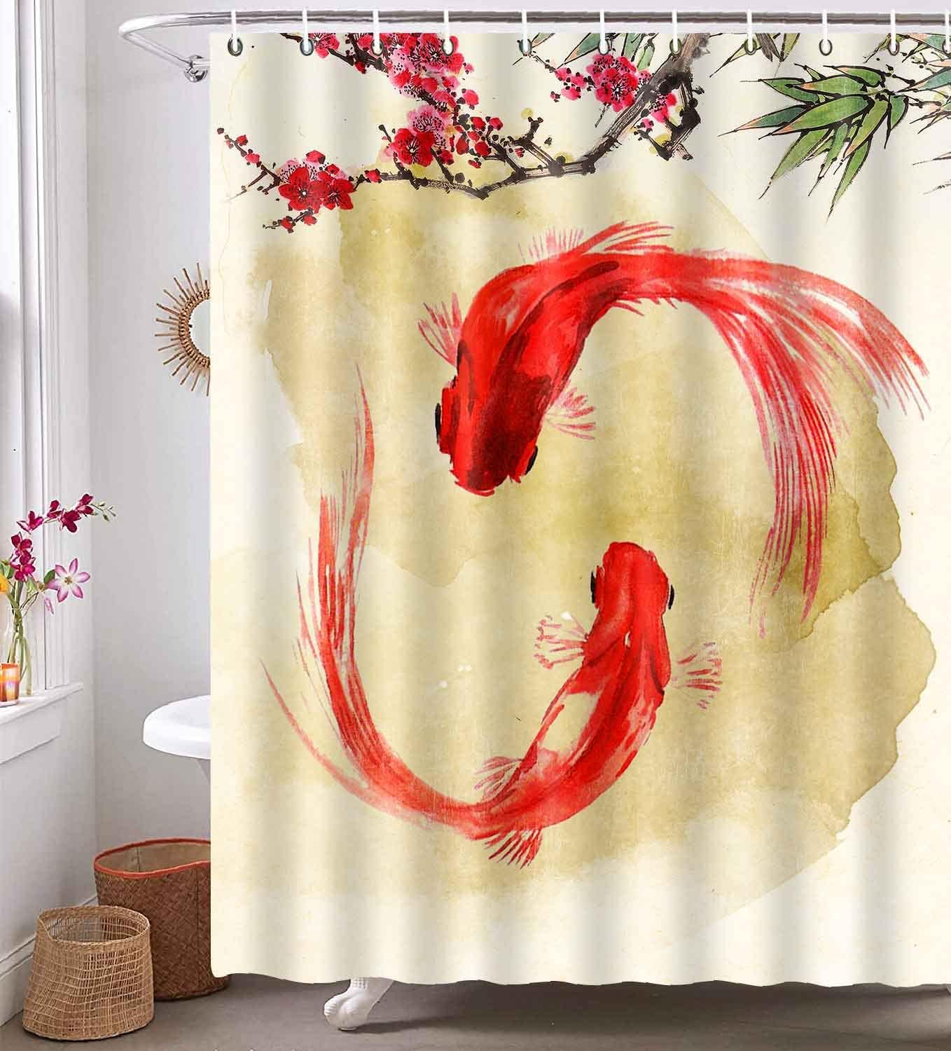 Japanese Style Koi Fish Shower Curtain, Underwater Theme Flowers Art For Nature Lovers' Bathroom