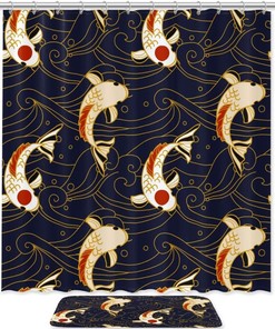 Japanese Style Pattern Fabric Shower Curtain Liner with Koi Fish and Waves, Elegant Bathroom Decor